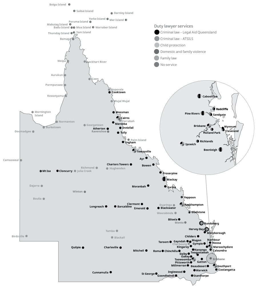 A map of Queensland showing duty lawyer services to Queensland courts