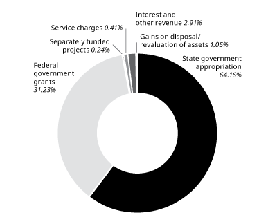 A graph showing income for financial year 2024-25 showing different income sources, such as federal government grants (31.23%) and state government appropriation (64.16%)